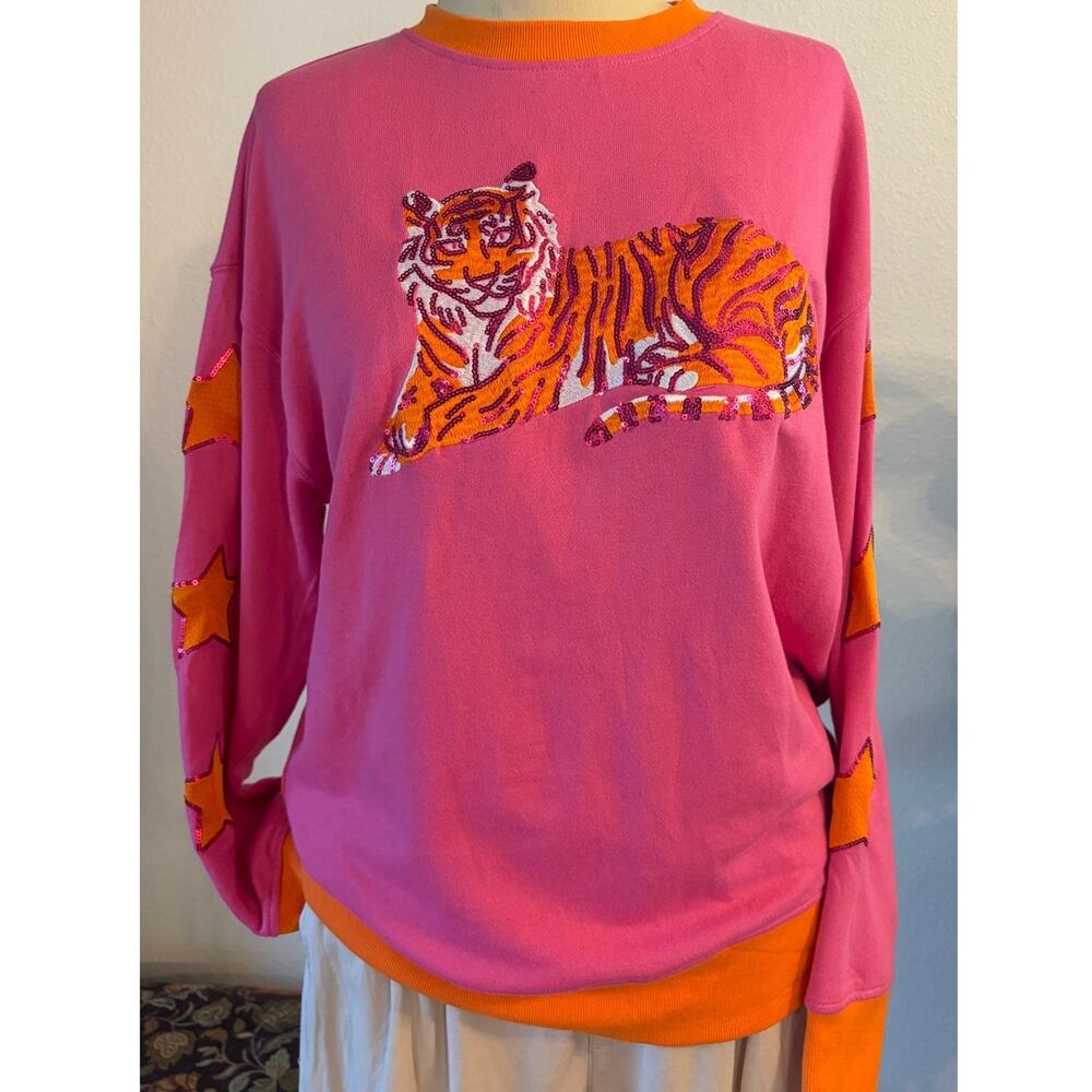 Jane Marie Pink Orange Tiger Sequin Sweatshirt Women’s Small Oversized Stars